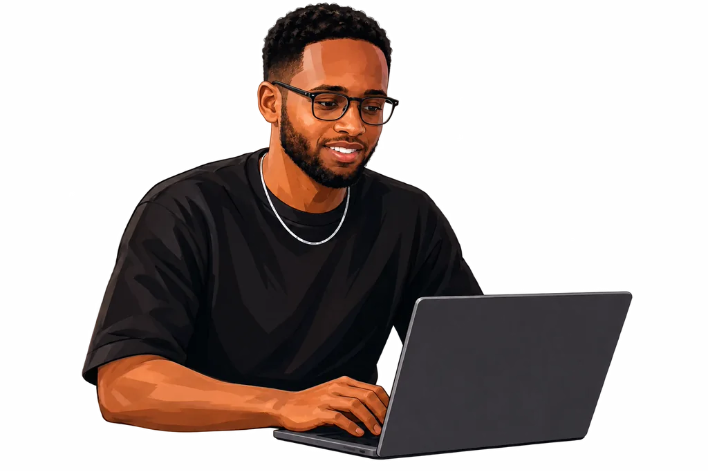 Illustration of Ayub working at a laptop.