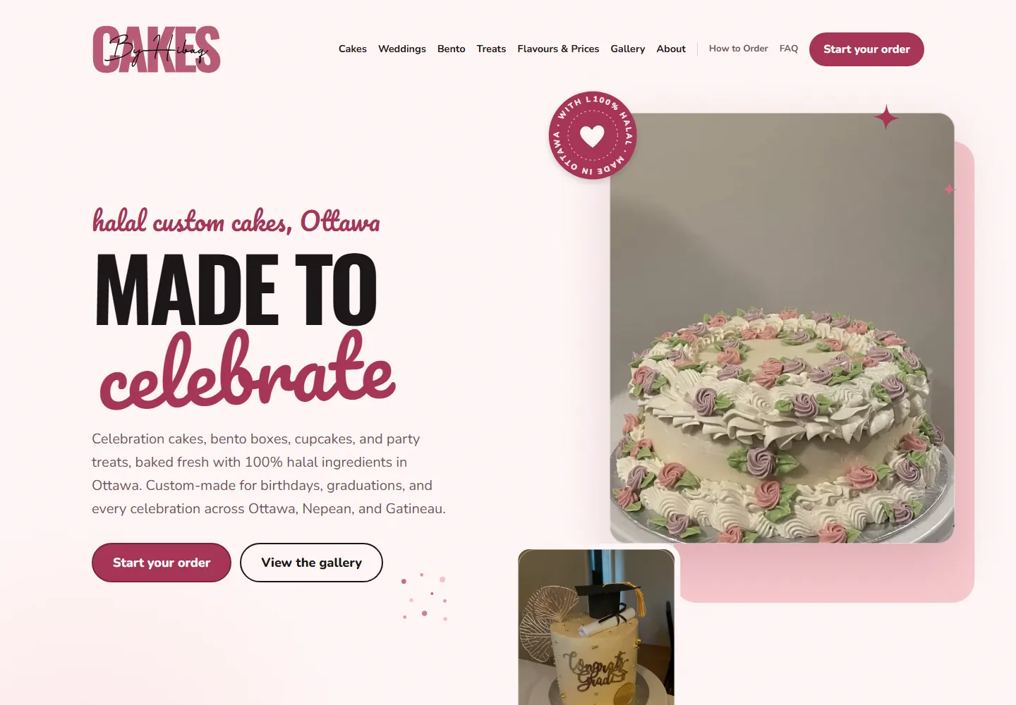 Cakes by Hibaq public homepage showing real cake photography.
